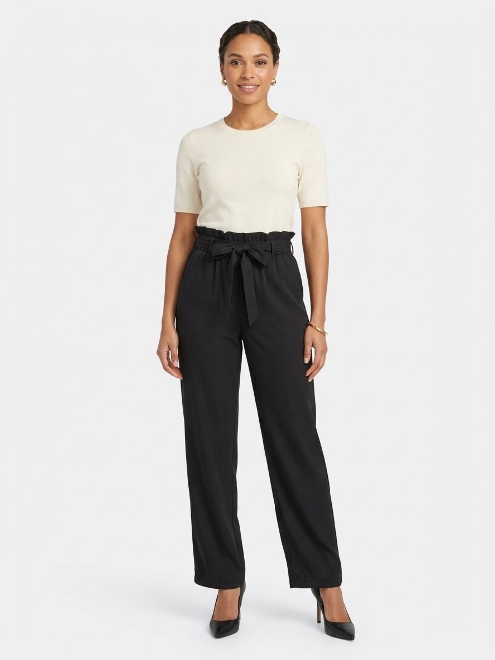 Lioness Black Paperbag Waist Tapered Pants Tie Belt Women’s Size L 8/10